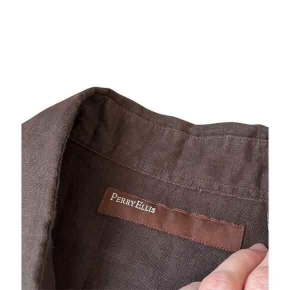 Perry Ellis Linen Button Down Shirt size XL Brown Unisex - Picture 3 of 6